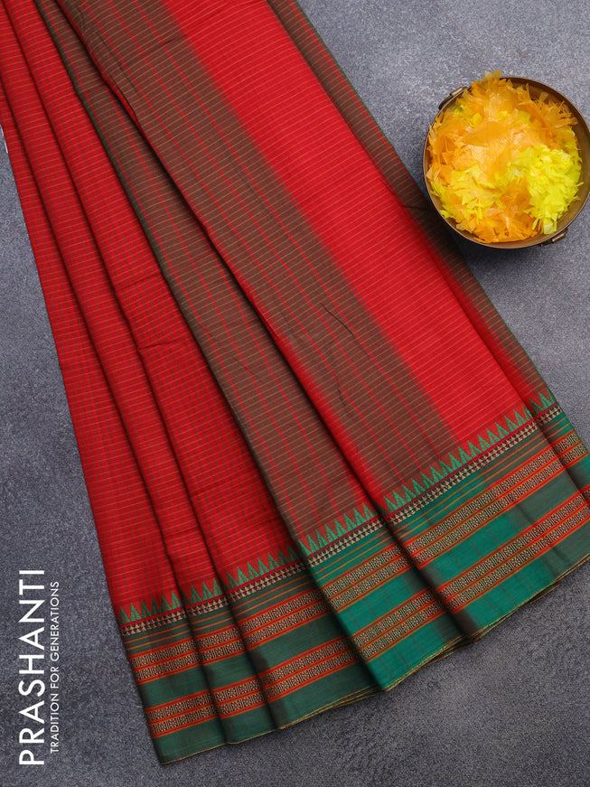 Narayanpet cotton saree red and green with allover checked pattern and thread woven border