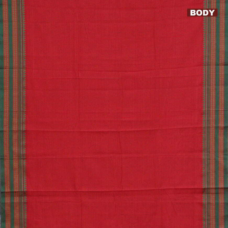 Narayanpet cotton saree red and green with allover checked pattern and thread woven border