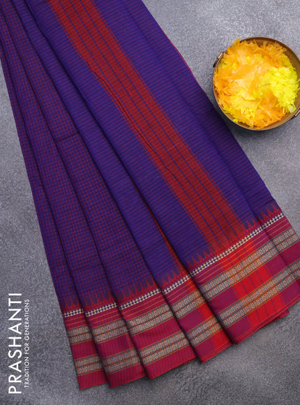 Narayanpet cotton saree blue and dark pink with allover checked pattern and thread woven border