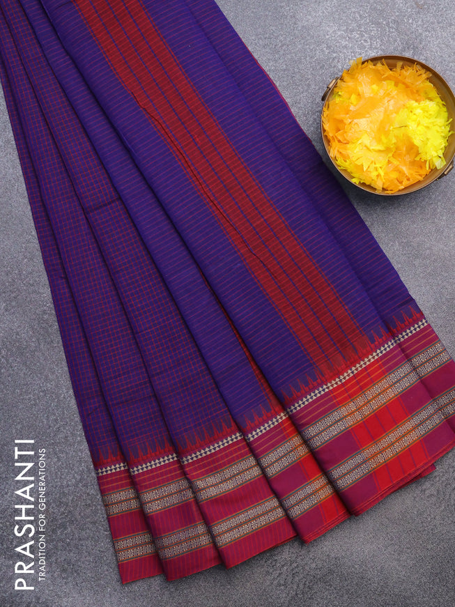 Narayanpet cotton saree blue and dark pink with allover checked pattern and thread woven border