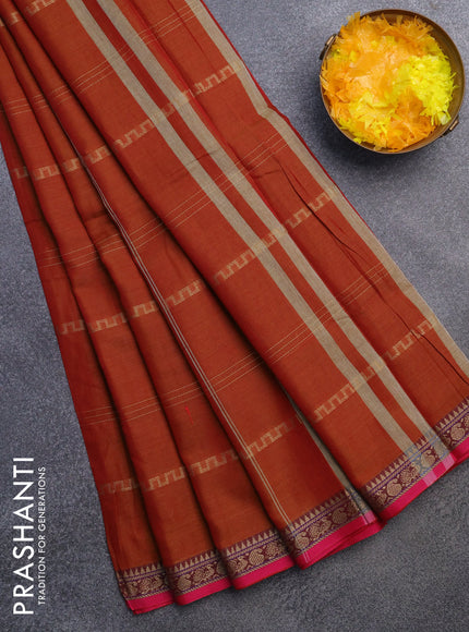 Narayanpet cotton saree dual shade of rust and pink with allover thread weaves and thread woven border