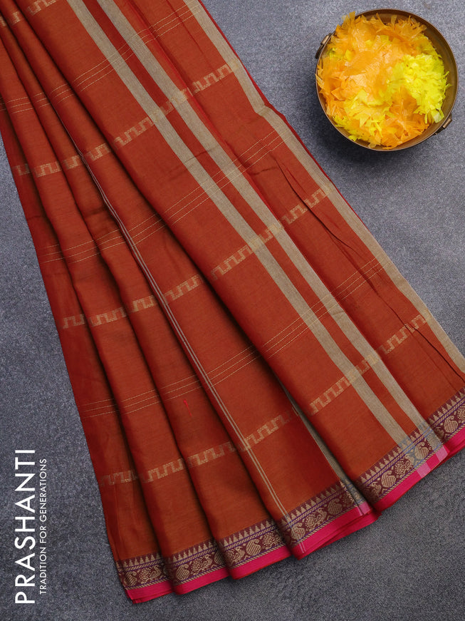 Narayanpet cotton saree dual shade of rust and pink with allover thread weaves and thread woven border