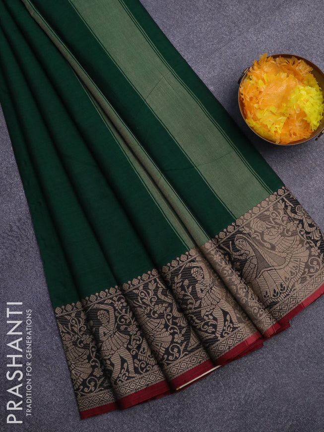 Narayanpet cotton saree green and black with plain body and thread woven border