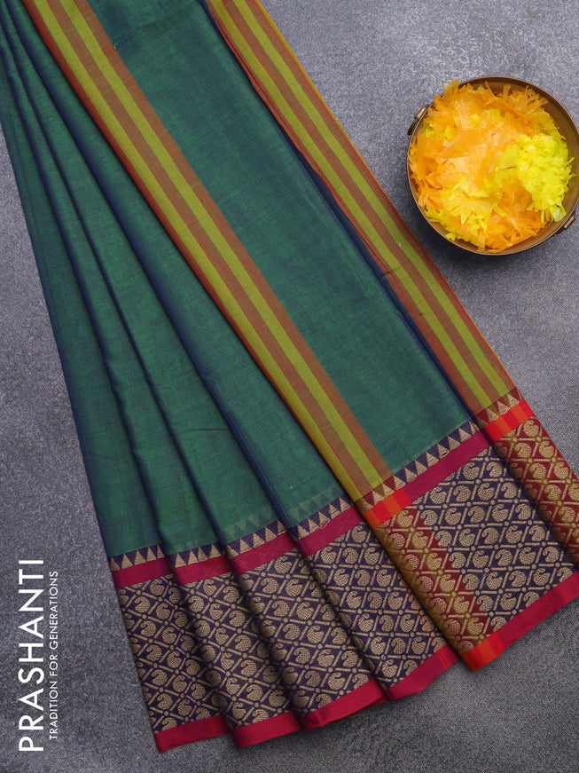 Narayanpet cotton saree dual shade of green and pink with plain body and thread woven border