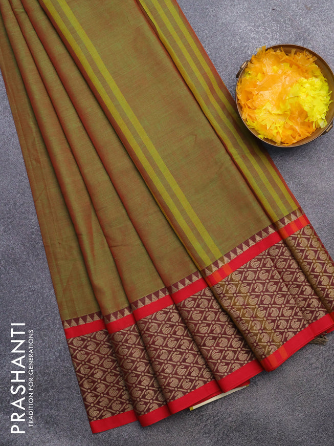 Narayanpet cotton saree dual shade of green and red with plain body and thread woven border