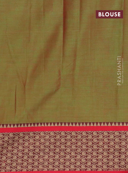 Narayanpet cotton saree dual shade of green and red with plain body and thread woven border