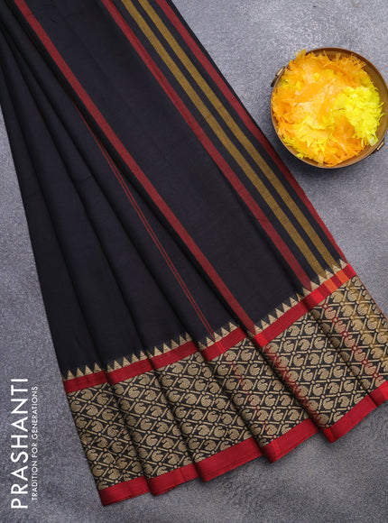 Narayanpet cotton saree black and maroon with plain body and thread woven border