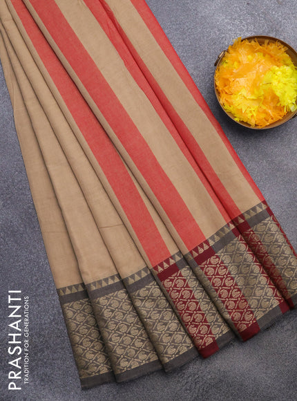 Narayanpet cotton saree beige and elephant grey with plain body and thread woven border