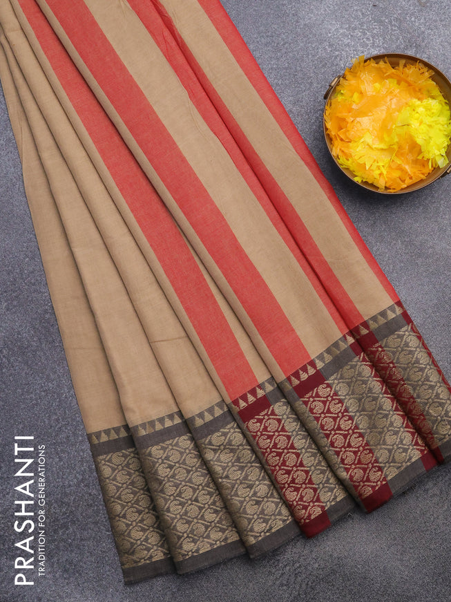 Narayanpet cotton saree beige and elephant grey with plain body and thread woven border