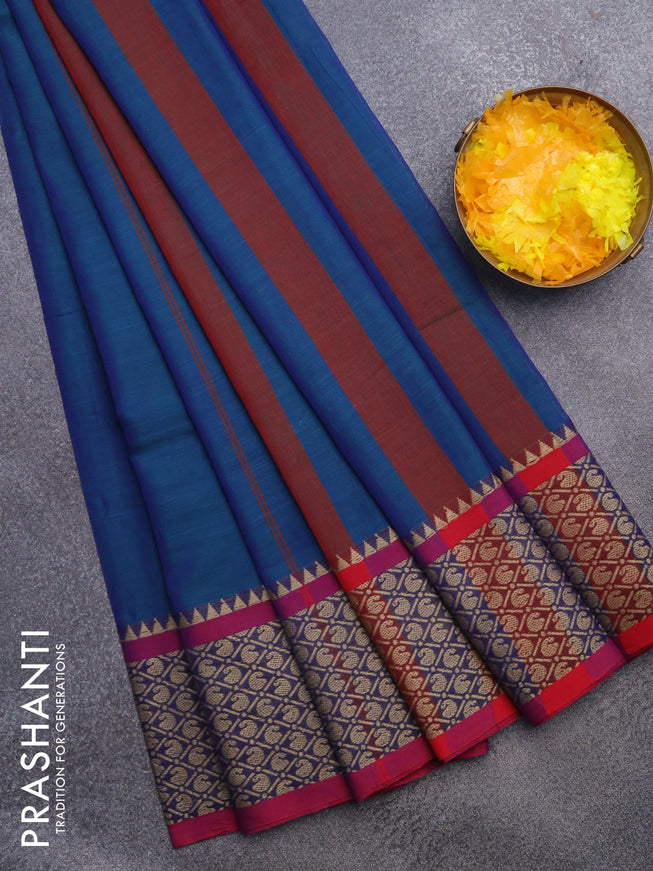 Narayanpet cotton saree dual shade of bluish green and magenta pink with plain body and thread woven border