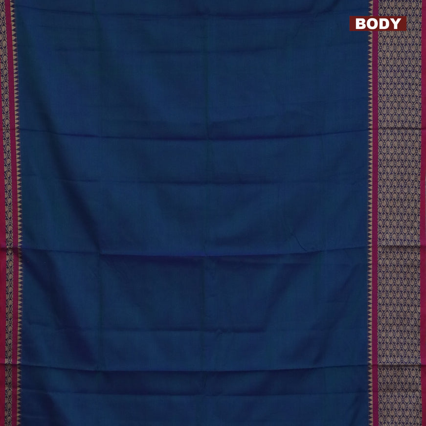 Narayanpet cotton saree dual shade of bluish green and magenta pink with plain body and thread woven border