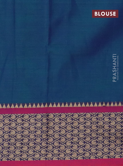 Narayanpet cotton saree dual shade of bluish green and magenta pink with plain body and thread woven border