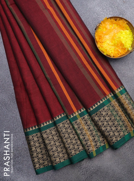 Narayanpet cotton saree maroon and green with plain body and thread woven border