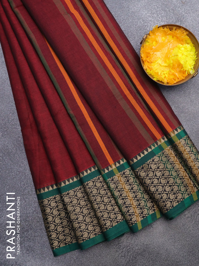 Narayanpet cotton saree maroon and green with plain body and thread woven border