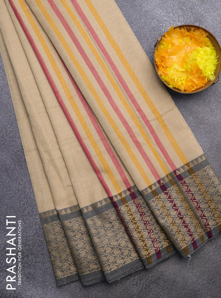 Narayanpet cotton saree sandal and elephant grey with plain body and thread woven border