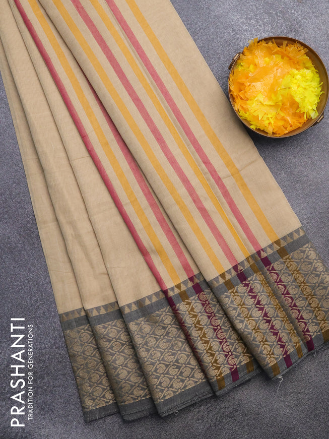 Narayanpet cotton saree sandal and elephant grey with plain body and thread woven border