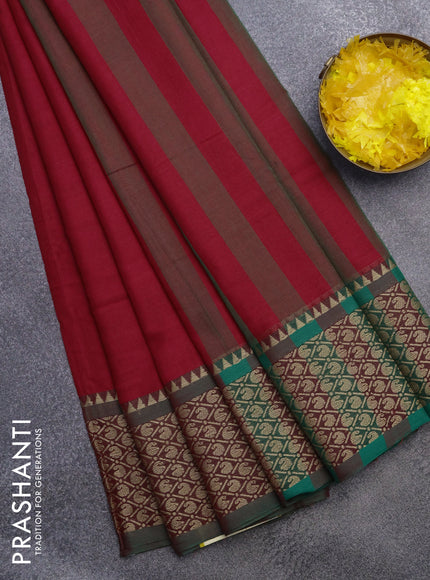 Narayanpet cotton saree red and dual shade of green with plain body and thread woven border