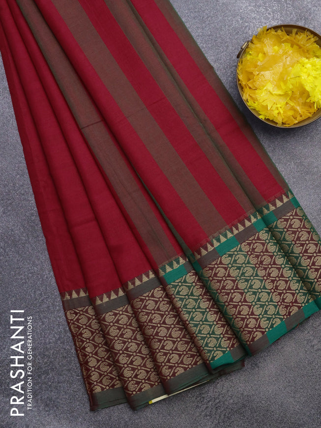 Narayanpet cotton saree red and dual shade of green with plain body and thread woven border