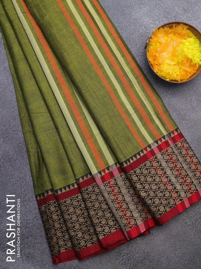 Narayanpet cotton saree mehendi green and maroon with plain body and thread woven border