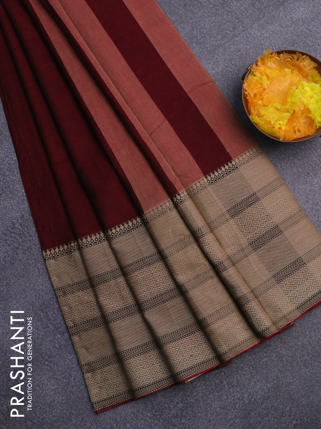 Narayanpet cotton saree maroon and black with plain body and thread woven border