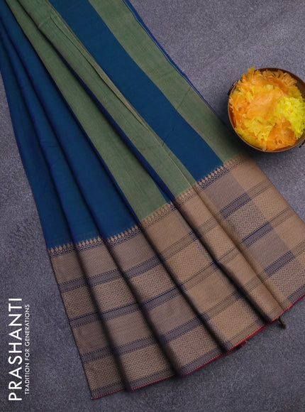 Narayanpet cotton saree dual shade of bluish green and blue with plain body and thread woven border