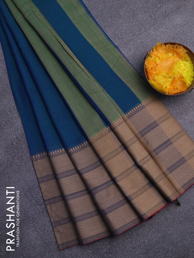 Narayanpet cotton saree dual shade of bluish green and blue with plain body and thread woven border