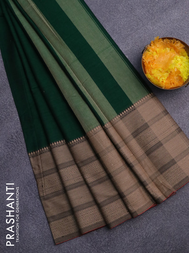 Narayanpet cotton saree green and black with plain body and thread woven border