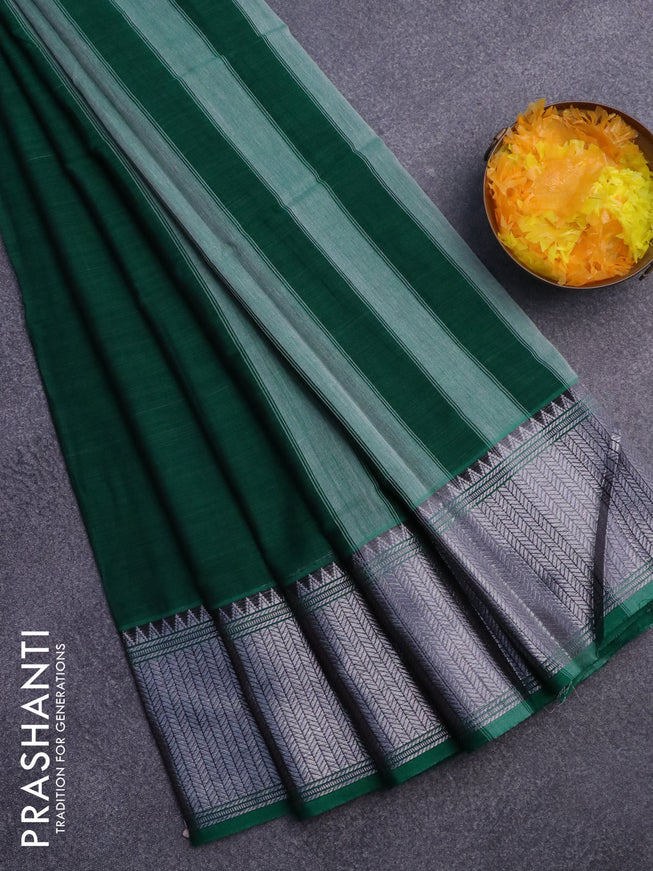 Narayanpet cotton saree green and black with plain body and silver zari woven border