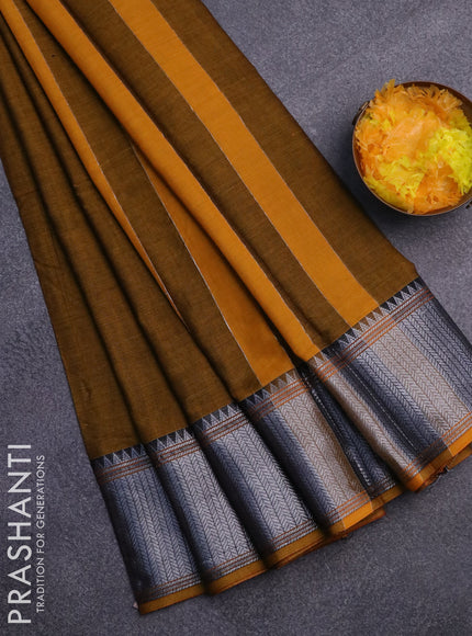 Narayanpet cotton saree mustard shade with plain body and silver zari woven border