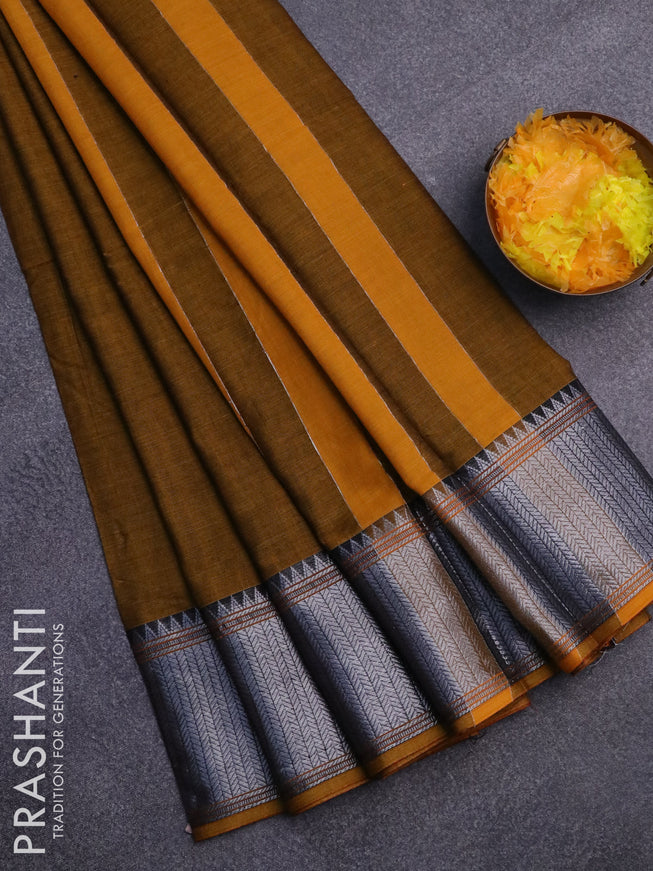 Narayanpet cotton saree mustard shade with plain body and silver zari woven border