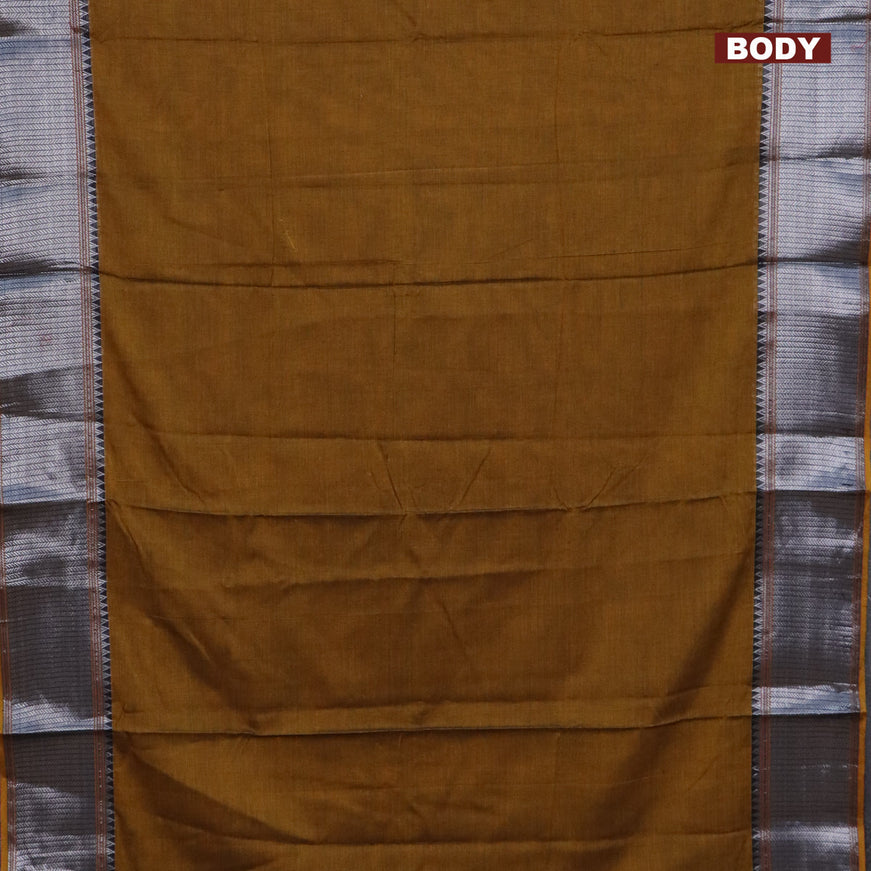 Narayanpet cotton saree mustard shade with plain body and silver zari woven border