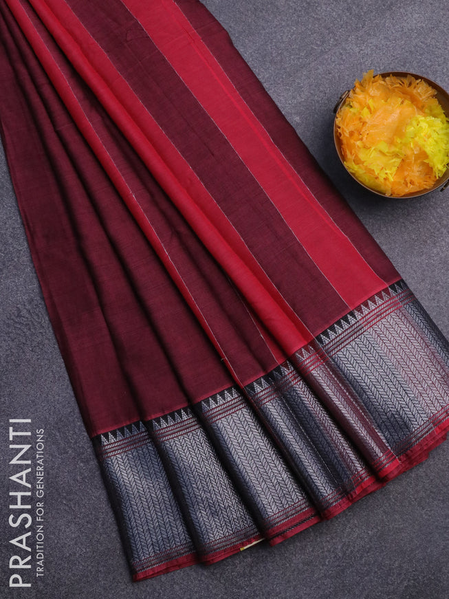 Narayanpet cotton saree maroon shade with plain body and silver zari woven border