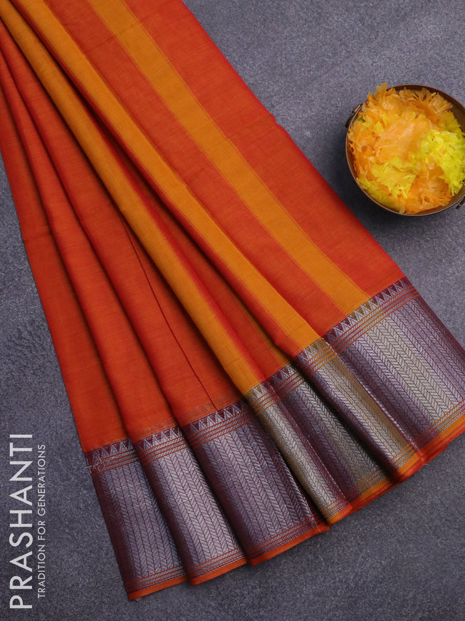 Narayanpet cotton saree orange and maroon with plain body and silver zari woven border