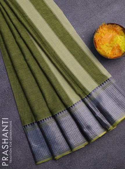 Narayanpet cotton saree green and black with plain body and silver zari woven border