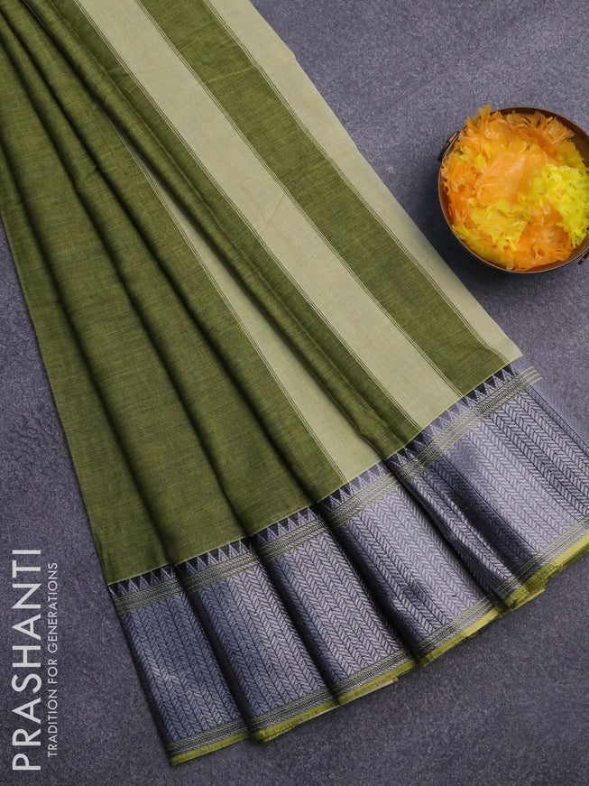 Narayanpet cotton saree green and black with plain body and silver zari woven border