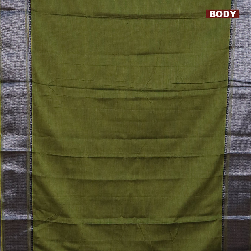 Narayanpet cotton saree green and black with plain body and silver zari woven border