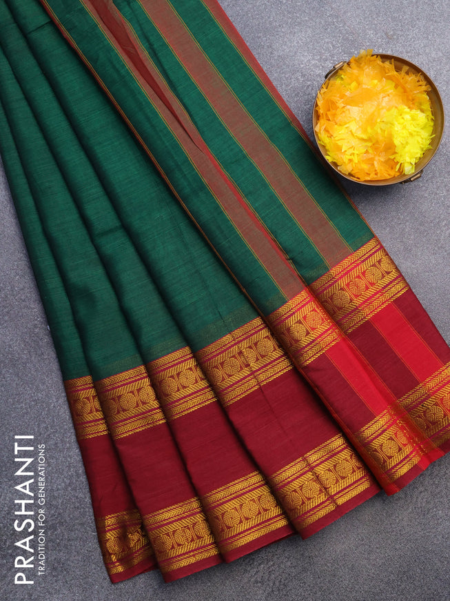 Narayanpet cotton saree green and maroon with plain body and rettapet zari woven border