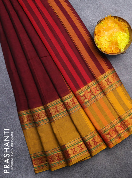 Narayanpet cotton saree maroon and mustard yellow with plain body and rettapet zari woven border