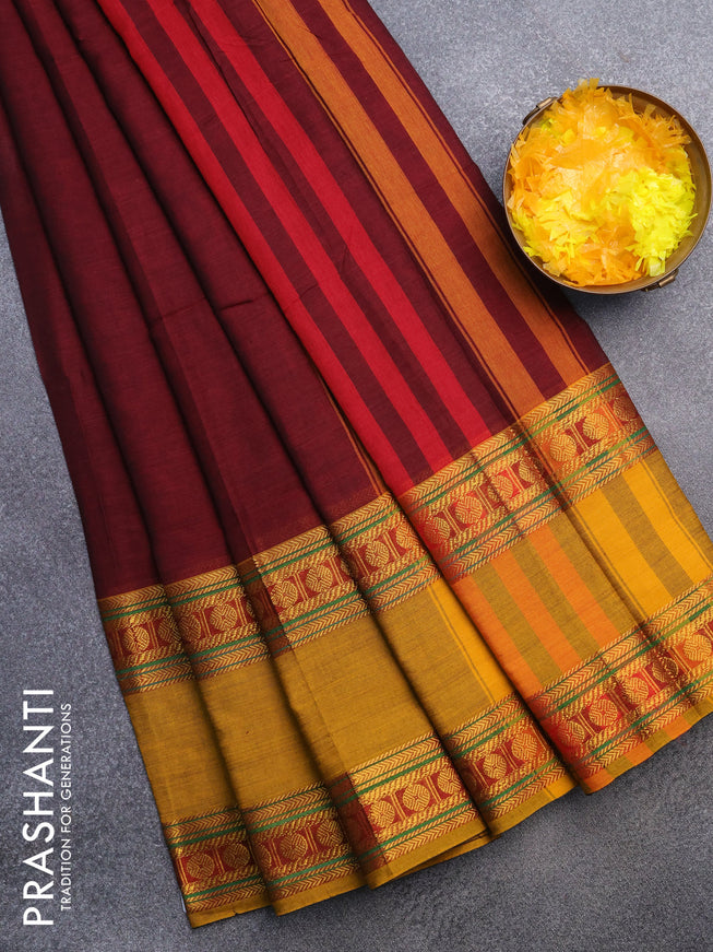 Narayanpet cotton saree maroon and mustard yellow with plain body and rettapet zari woven border