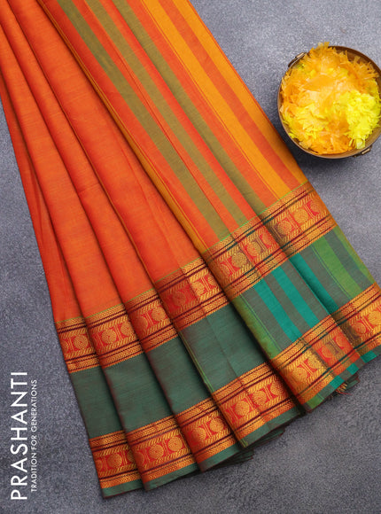 Narayanpet cotton saree orange and dual shade of green with plain body and rettapet zari woven border