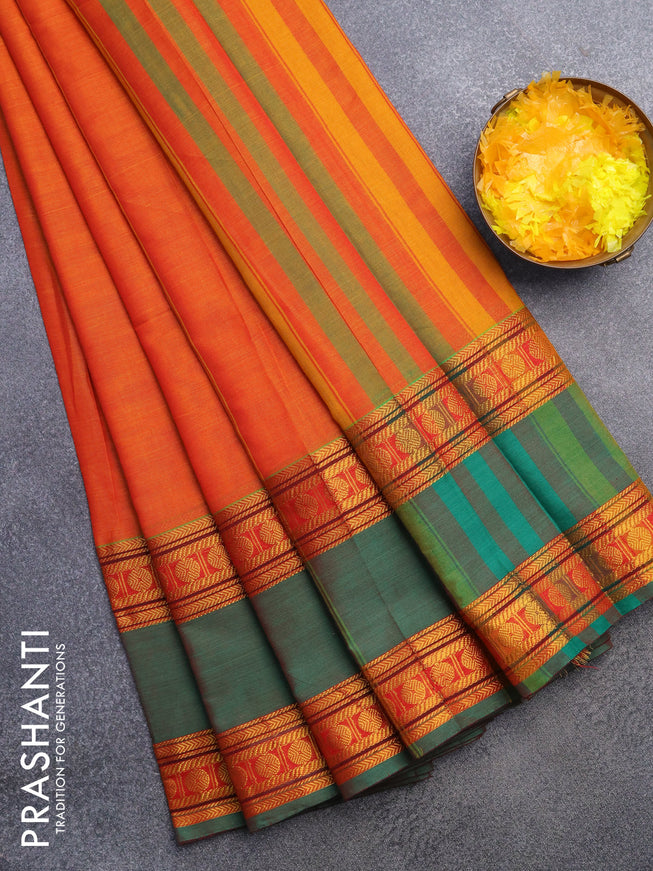 Narayanpet cotton saree orange and dual shade of green with plain body and rettapet zari woven border