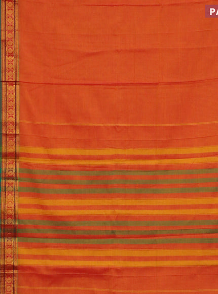 Narayanpet cotton saree orange and dual shade of green with plain body and rettapet zari woven border