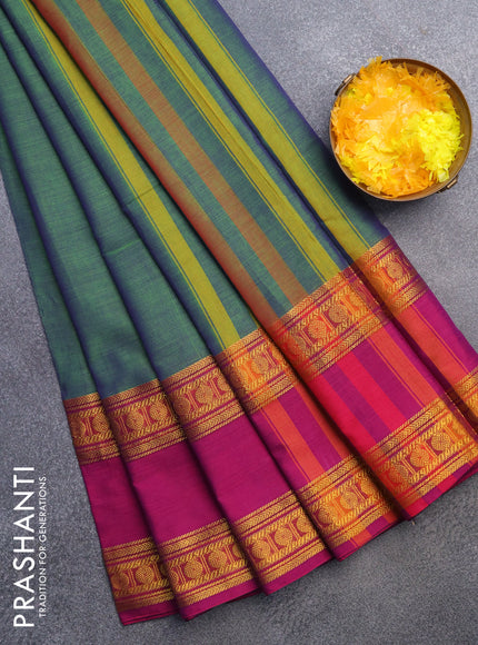 Narayanpet cotton saree dual shade of bluish green and magenta pink with plain body and rettapet zari woven border