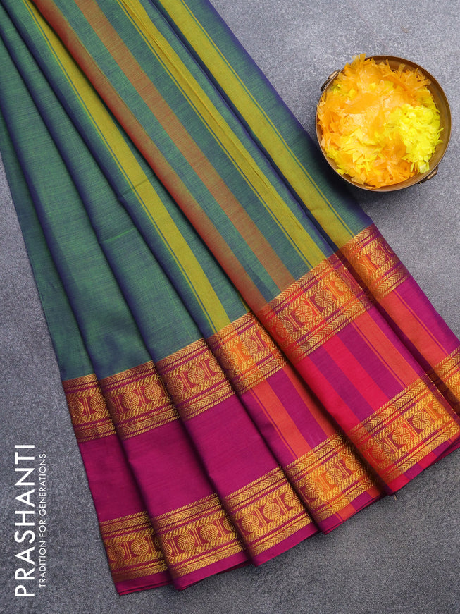 Narayanpet cotton saree dual shade of bluish green and magenta pink with plain body and rettapet zari woven border