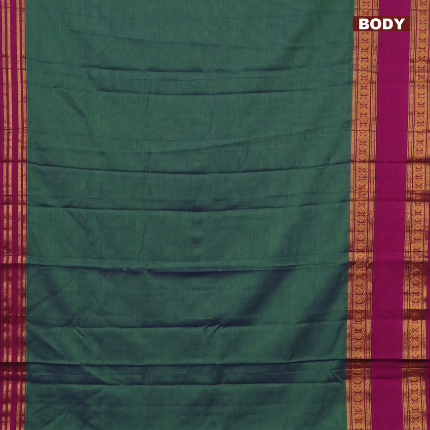 Narayanpet cotton saree dual shade of bluish green and magenta pink with plain body and rettapet zari woven border