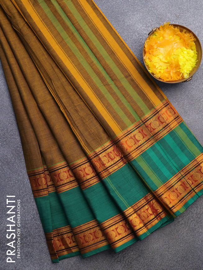 Narayanpet cotton saree mustard yellow and green with plain body and rettapet zari woven border