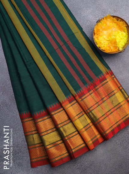 Narayanpet cotton saree green and maroon with plain body and zari woven border