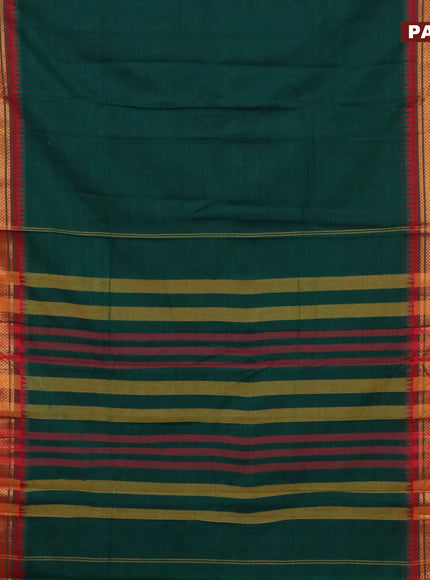 Narayanpet cotton saree green and maroon with plain body and zari woven border