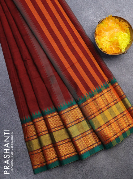 Narayanpet cotton saree maroon and green with plain body and zari woven border