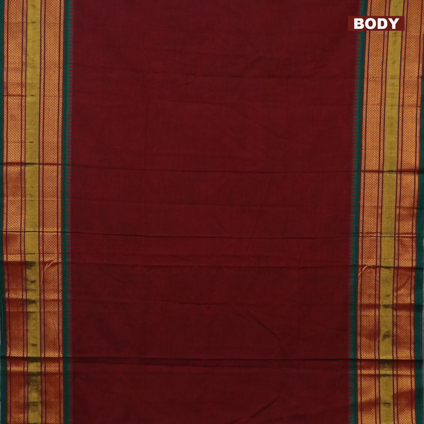 Narayanpet cotton saree maroon and green with plain body and zari woven border